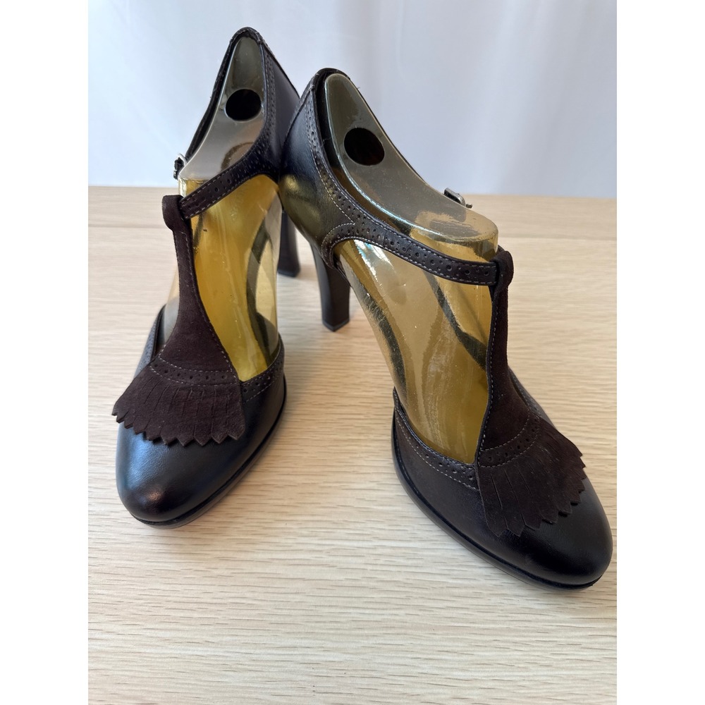 Worthington T-Strap Heels Fringe Leather Pumps Brown Academia Style Size 7.5